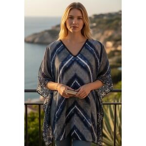 Jones New York Blue White Chevron Print V Neck Kaftan Tunic Top Medium Boho